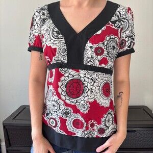 Y2K Vampirecore Black Red & White Floral Grunge Sheer Whimsygoth Small Indie Top
